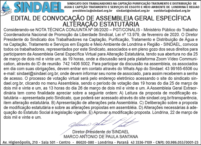 Edital-Alteração-Estatuto-Sindael Edital alteração estatuto sindael