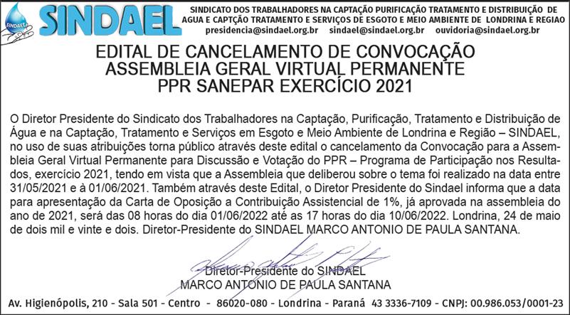 edital-cancelamento-Sindael Edital cancelamento sindael