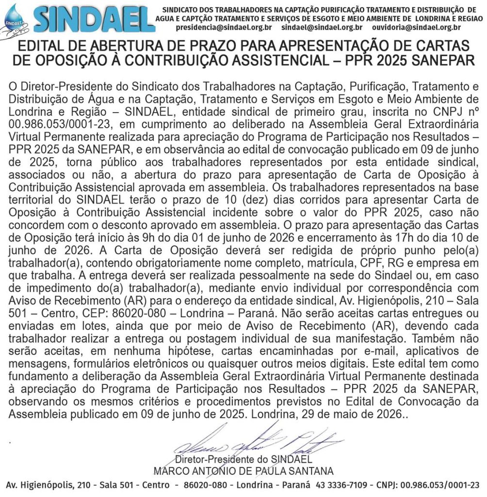 Edital Cartas de Oposição Sindael PPR 2025 Sanepar (Copy) Edital Cartas de Oposição Sindael PPR 2025 Sanepar (Copy)