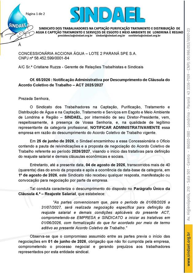 Of. 65-2026 Sindael - Notificação Descumprimento – ACT 2025-2027 - ACCIONA_Página_1 (Copy) Of. 65 2026 Sindael Notificação Descumprimento – ACT 2025 2027 ACCIONA Página 1 (Copy)